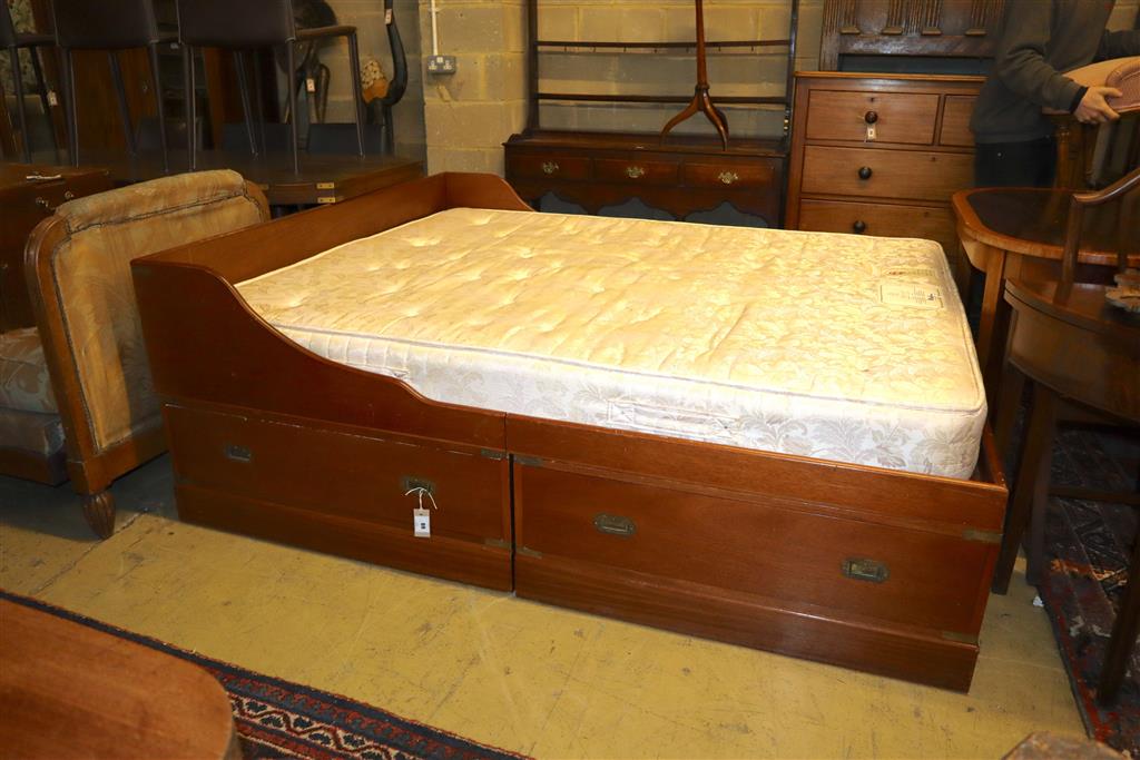 Jans of London. A reproduction mahogany campaign style double bed frame and mattress, folding top and four drawers, width 158cm